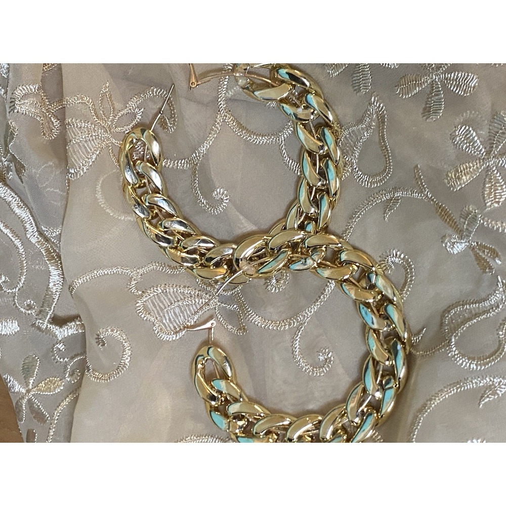 Gold Celebrity Style Hoops 3.5" BOLD Large Flattened Curb Chain Hoop Earrings